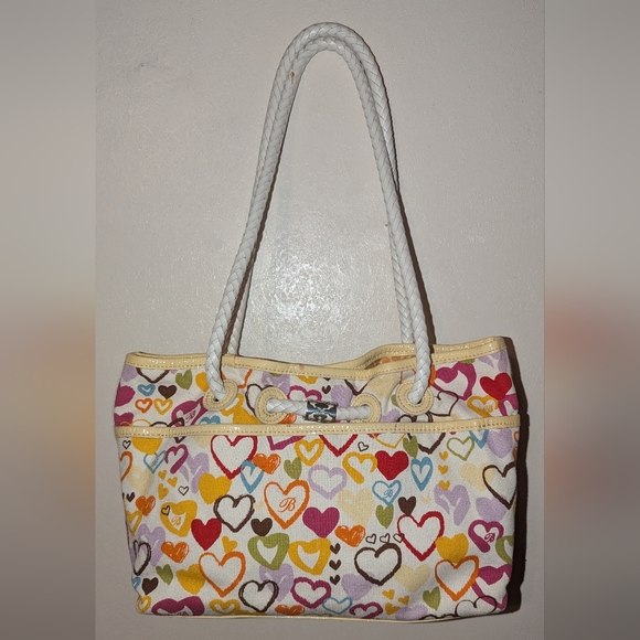 Brighton Handbags - Brighton Multicolor Heart Print Canvas Shoulder Bag with White Braided Handles